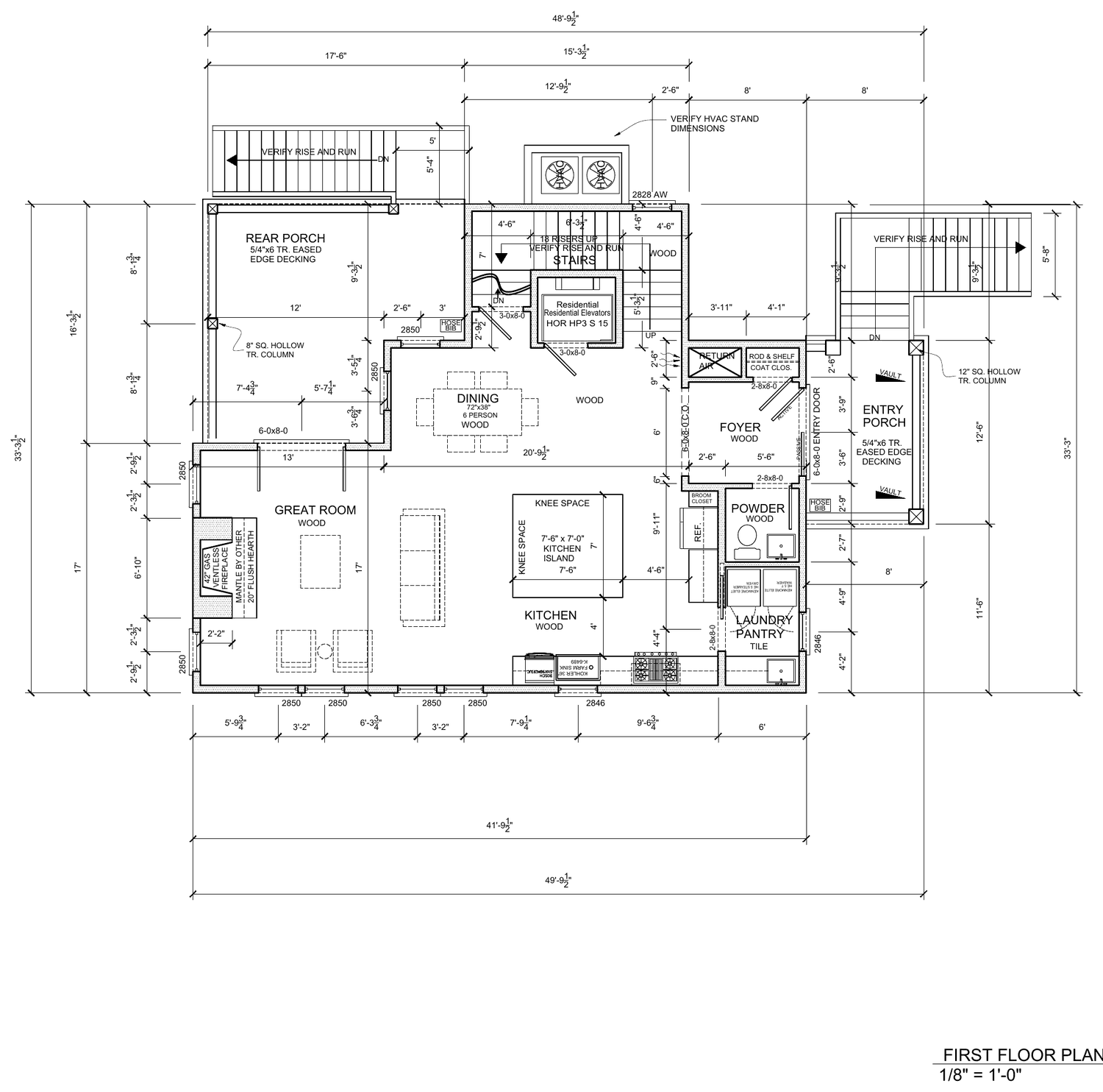 First floor plan: entry porch, foyer, great room with fireplace, dining, kitchen with island, powder room, laundry and pantry, rear porch