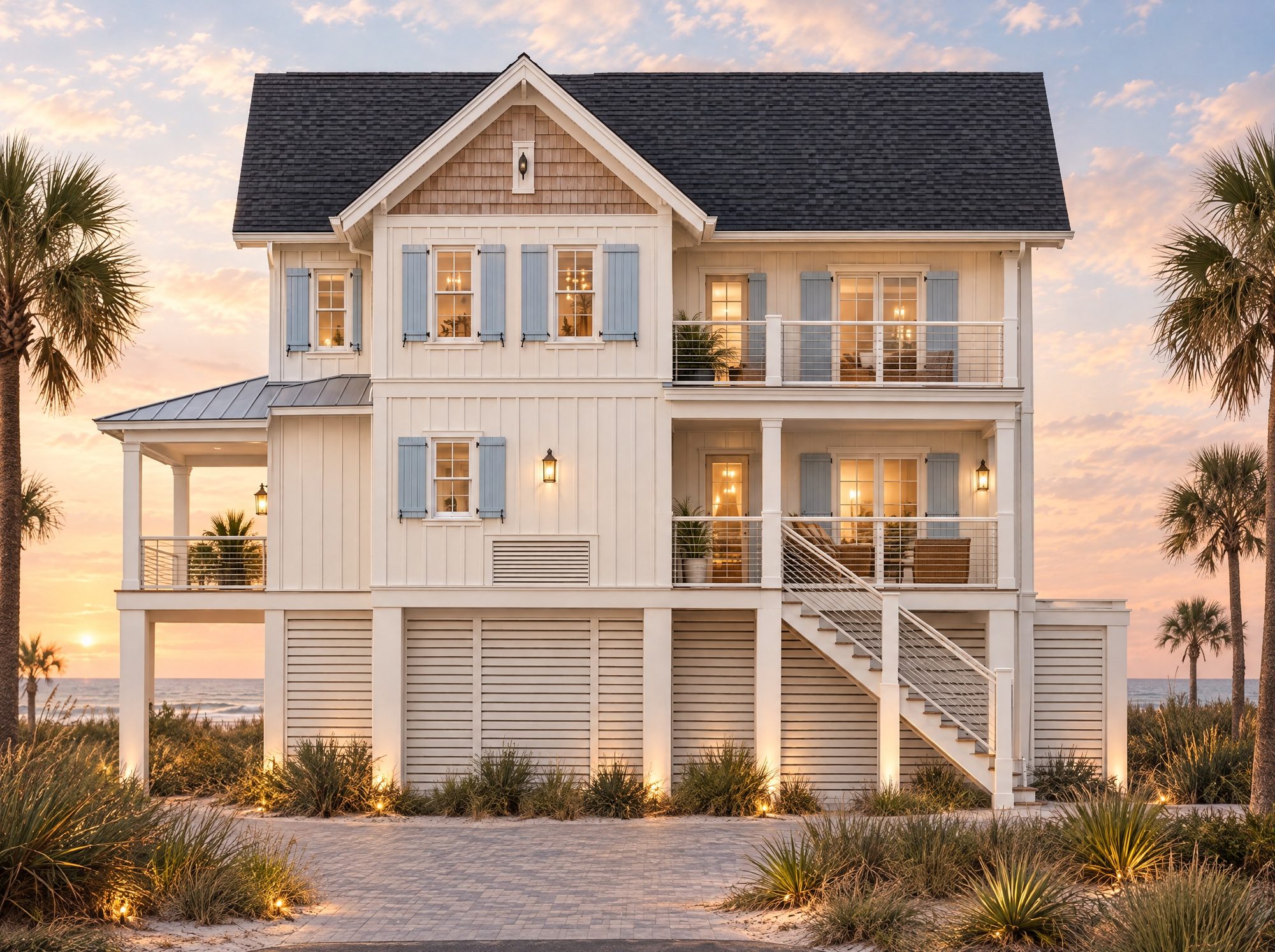 Rendering of the Cooper House from the side at golden hour: stacked covered porches, cable rail, a stair up from the pavers and louvered screening around the ground level